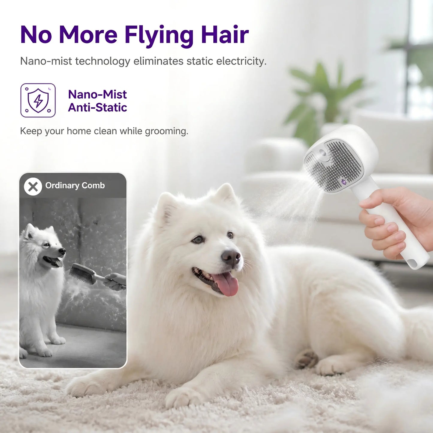 Pet Grooming Brush with Steam & UV Sanitizing, 3-In-1 Pet Hair Remover, 150° Curved Stainless Steel Needles, Nano-Mist Anti-Static Technology, One-Click Hair Release, USB Rechargeable for Dogs & Cats