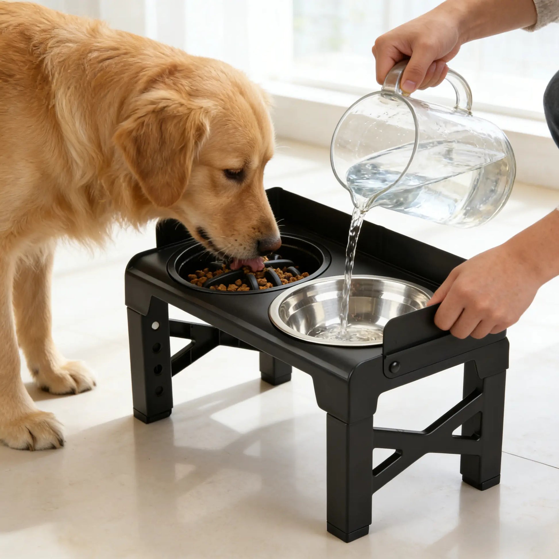 Elevated Dog Bowls, Spill-Proof with Guardrail, Raised Pet Feeder with Fence, Equipped with 1 Slow Feeder Bowl and 2 Stainless Steel Bowls, 5-Height Adjustable Raised Dog Bowl Stand