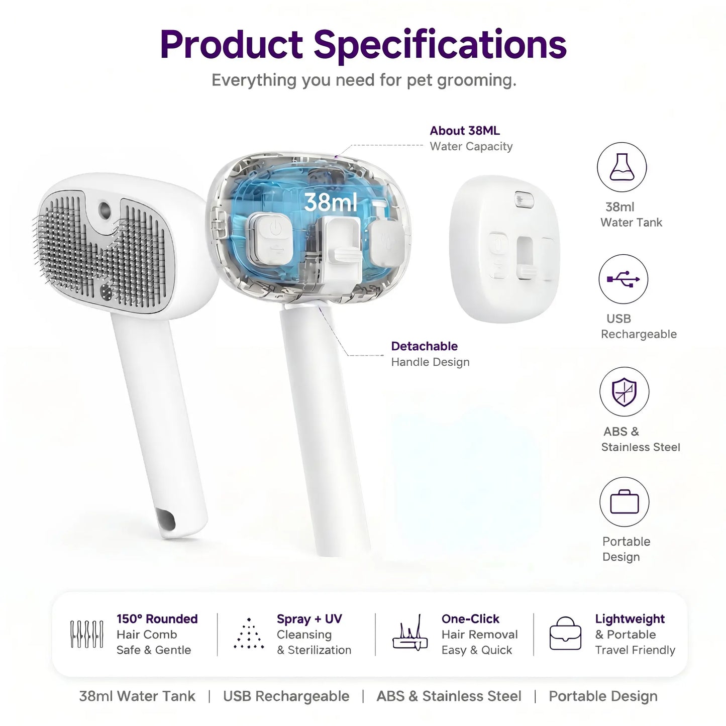Pet Grooming Brush with Steam & UV Sanitizing, 3-In-1 Pet Hair Remover, 150° Curved Stainless Steel Needles, Nano-Mist Anti-Static Technology, One-Click Hair Release, USB Rechargeable for Dogs & Cats