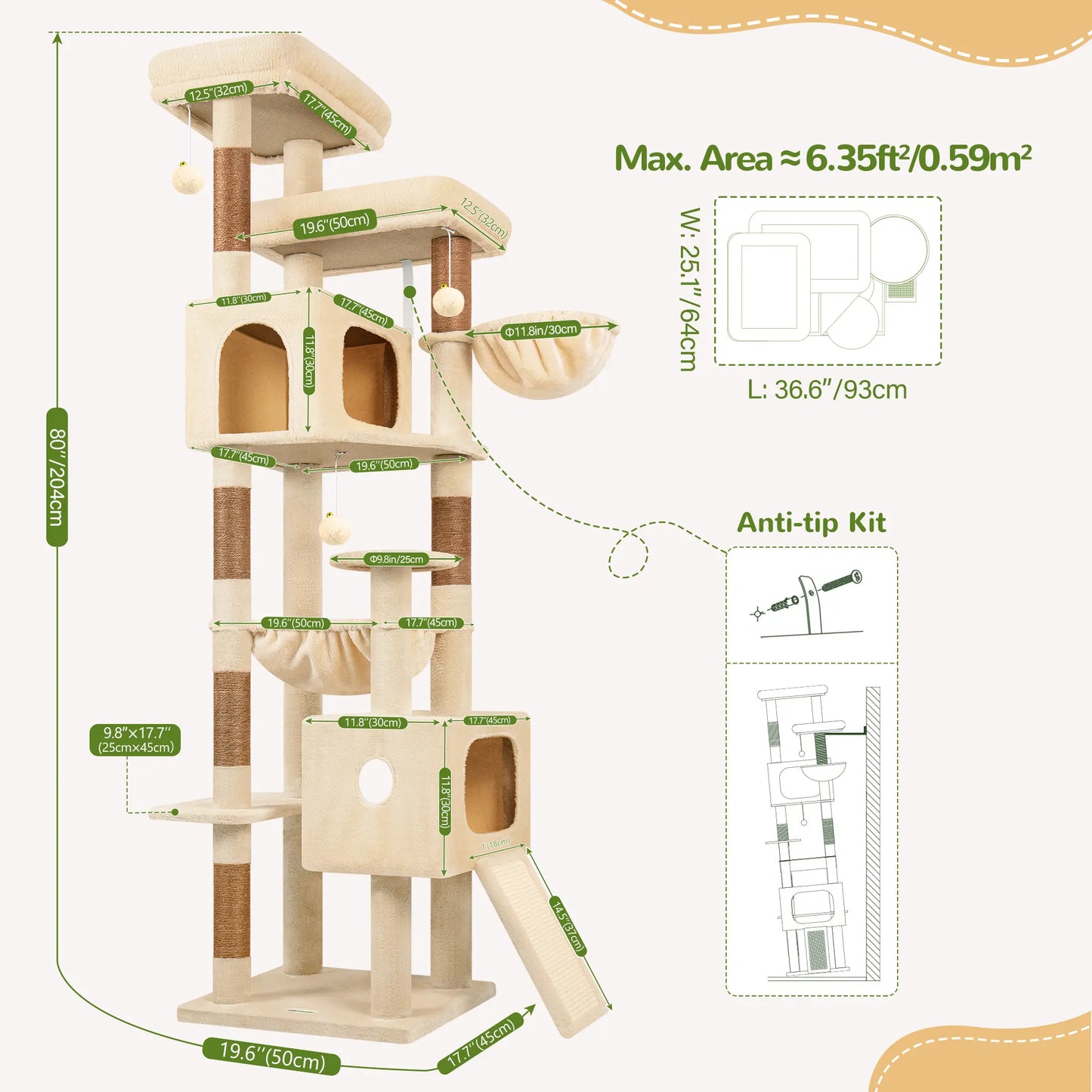 DESKAT 80 Inch Cat Tree for Large Cats, Stable Multi-Level Cat Tree with 2 Condos & Sisal Scratching Posts for 2-3 Cats, Thickened Base Space Saving Cat Tree Tower, F80G