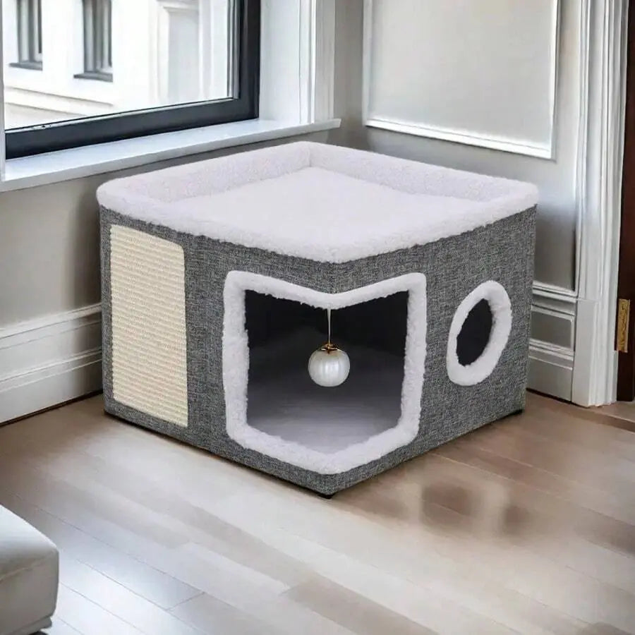 A Cat Bed Suitable for Indoor Cats, with a Large Cat Hole for a Comfortable Apartment, Fluffy Hanging Balls, round Windows, a Foldable Indoor Cat House, Capable of Bearing up to 30 Pounds , with Double-Sided Soft Cushions, Suitable for All Seasons