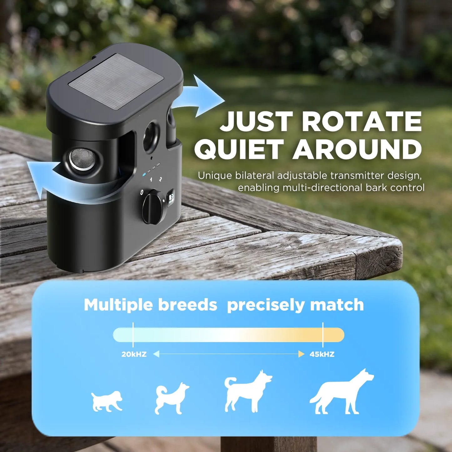180° Solar Dog Barking Control Device-Outdoor anti Barking Device for All Dog Breeds, Humane No-Bark Trainer, IPX4 Waterproof, Ultrasonic Dog Barking Deterrent with APP Data Report, Dual Speakers & Adjustable Frequency, Dog Accessories