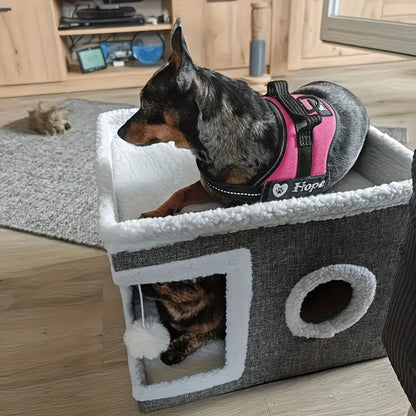 A Cat Bed Suitable for Indoor Cats, with a Large Cat Hole for a Comfortable Apartment, Fluffy Hanging Balls, round Windows, a Foldable Indoor Cat House, Capable of Bearing up to 30 Pounds , with Double-Sided Soft Cushions, Suitable for All Seasons