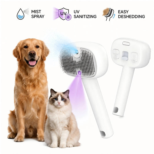 Pet Grooming Brush with Steam & UV Sanitizing, 3-In-1 Pet Hair Remover, 150° Curved Stainless Steel Needles, Nano-Mist Anti-Static Technology, One-Click Hair Release, USB Rechargeable for Dogs & Cats