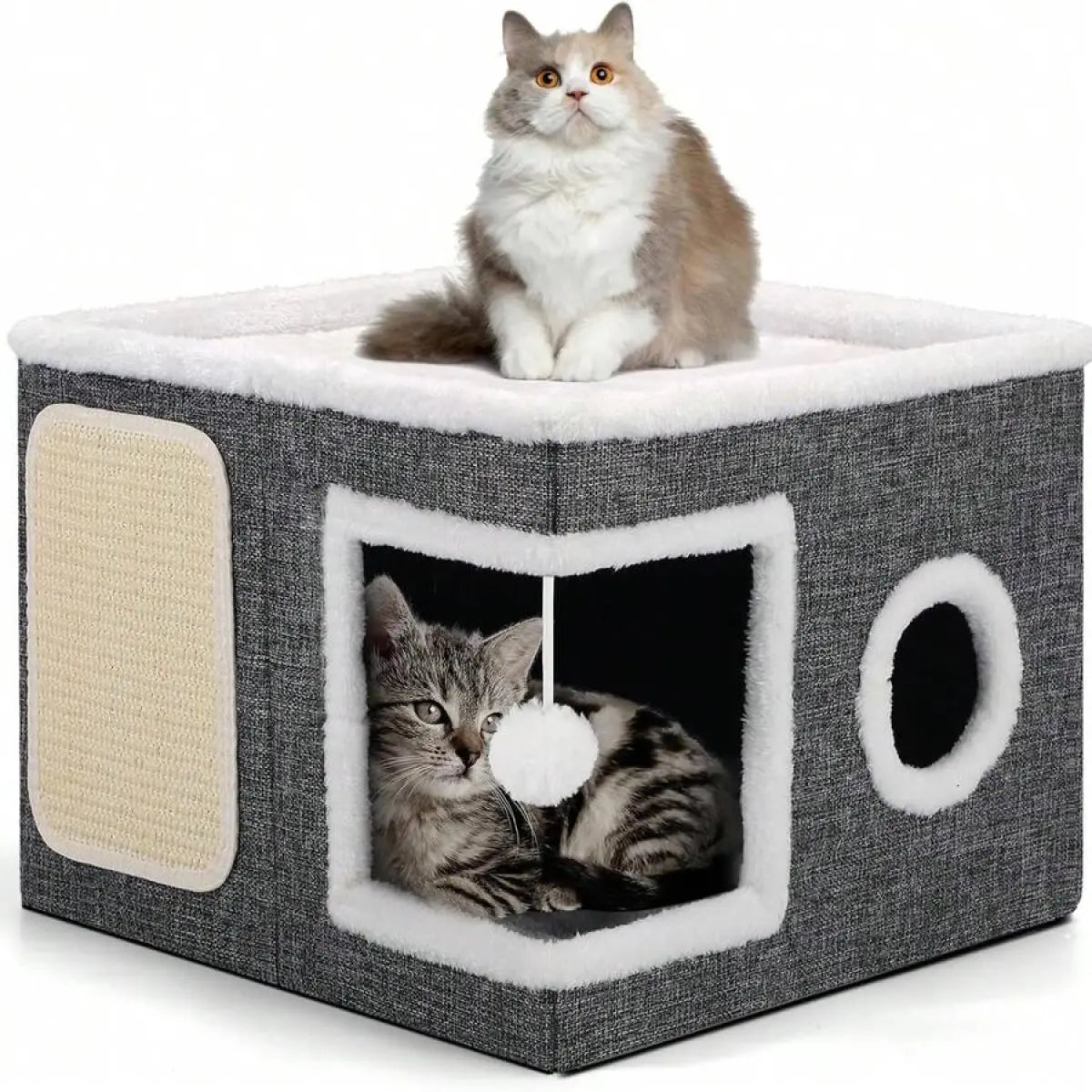 A Cat Bed Suitable for Indoor Cats, with a Large Cat Hole for a Comfortable Apartment, Fluffy Hanging Balls, round Windows, a Foldable Indoor Cat House, Capable of Bearing up to 30 Pounds , with Double-Sided Soft Cushions, Suitable for All Seasons