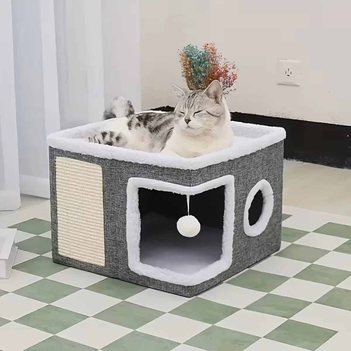 A Cat Bed Suitable for Indoor Cats, with a Large Cat Hole for a Comfortable Apartment, Fluffy Hanging Balls, round Windows, a Foldable Indoor Cat House, Capable of Bearing up to 30 Pounds , with Double-Sided Soft Cushions, Suitable for All Seasons