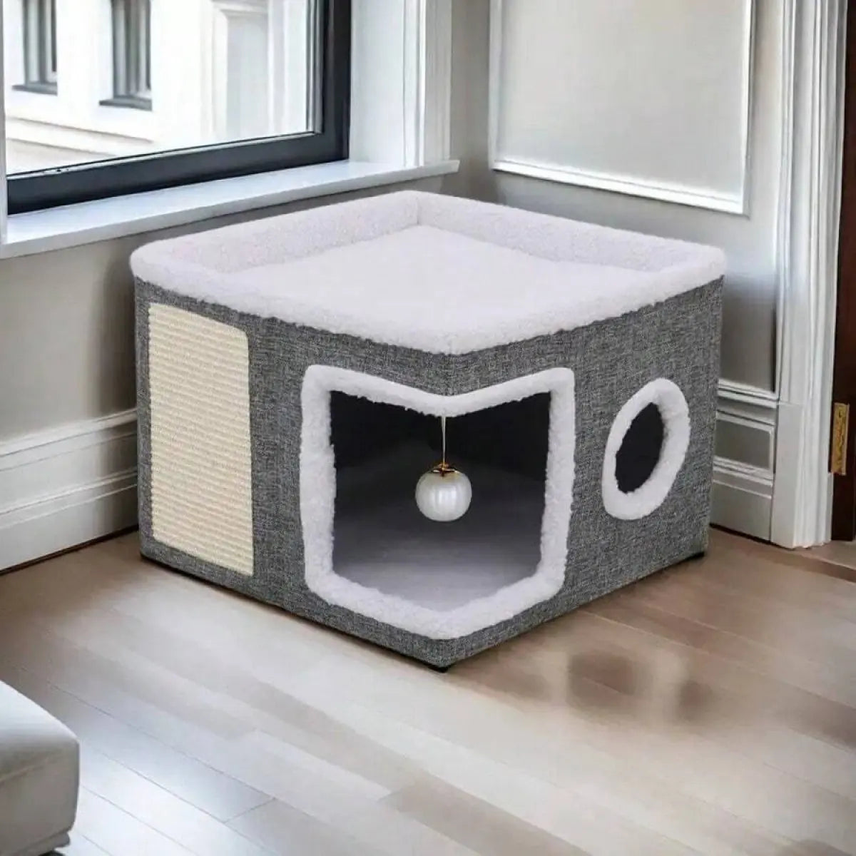 A Cat Bed Suitable for Indoor Cats, with a Large Cat Hole for a Comfortable Apartment, Fluffy Hanging Balls, round Windows, a Foldable Indoor Cat House, Capable of Bearing up to 30 Pounds , with Double-Sided Soft Cushions, Suitable for All Seasons